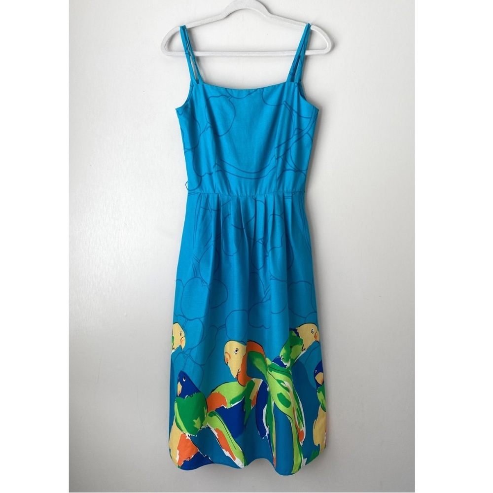 Vintage Malia Tropical Bird Print Hawaiian 100% Cotton Midi Dress 8